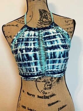 SO Blue Tie-Dye Halter Swim Top with Ladder Front
